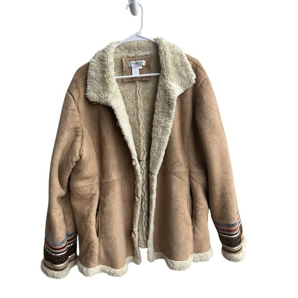Penny Lane Vintage Y2K 90s Faux Suede & Shearling Tan Boho Coat Size 2X Retro - Picture 2 of 13